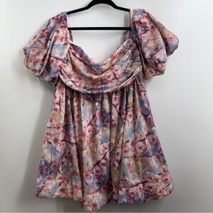 Bardot Kali Tuck Pastel Floral off shoulder puff sleeve mini dress US 12 AU XXL